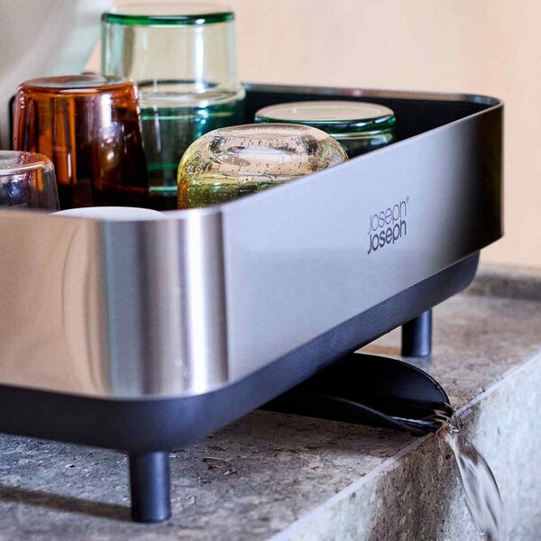 Сушилник за съдове Joseph Joseph Extend Steel Plus 6500040, До 16 части, Разтегателен, Релси за чаши, Отцеждане, Разглобяем, Неръждаема стомана, Черен