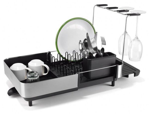 Сушилник за съдове Joseph Joseph Extend Steel Plus 6500040, До 16 части, Разтегателен, Релси за чаши, Отцеждане, Разглобяем, Неръждаема стомана, Черен