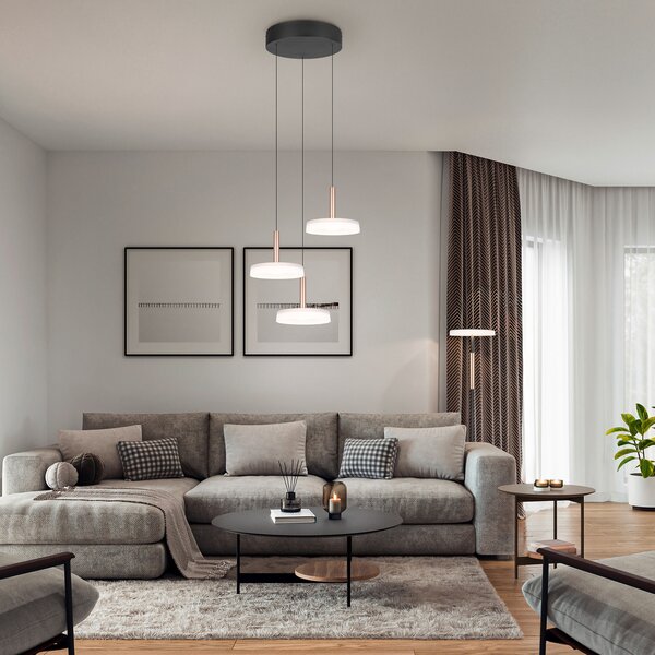 Trio Lighting LED висяща лампа Celeste, бяло/кафяво, Ø 35 cm 3-светлинна стъклена дима, Затъмняване, Бял, Дневна/трапезария, Стъкло, Модерен