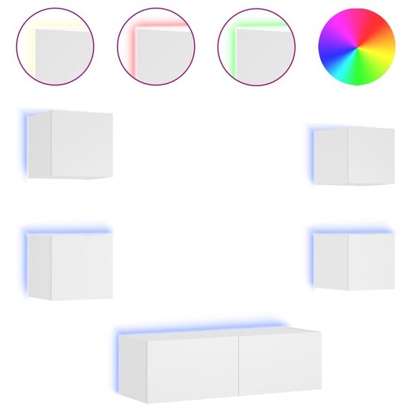 VidaXL ТВ стенни шкафове, 5 части, с LED светлини, бели