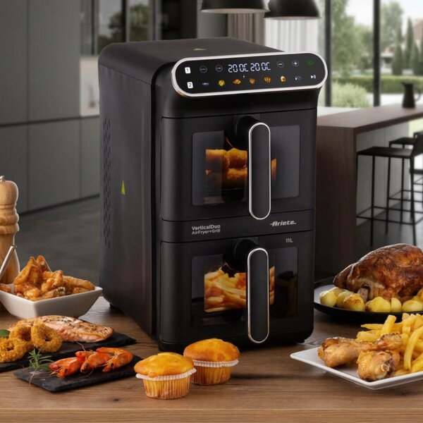 Фритюрник с горещ въздух Ariete 4640/00, 2460W, 11 л, 2 кошници, 6 програми, Сензорен дисплей, Черен