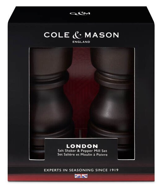 COLE & MASON Подаръчен комплект дървени солница + мелничка за пипер LONDON - 13 см - цвят тъмен шоколад