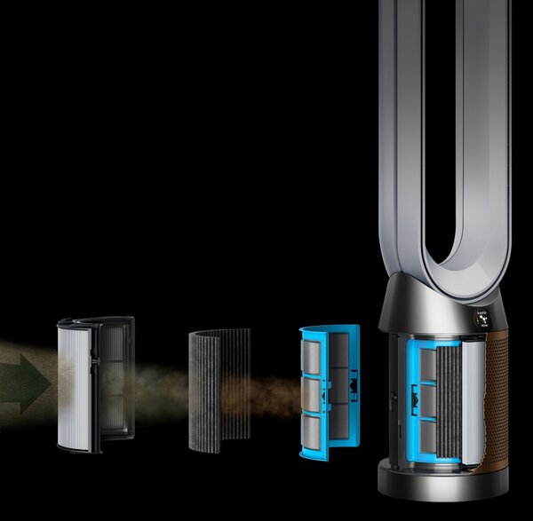 Пречиствател на въздух 3в1 Dyson Cool Formaldehyde™ TP09, Отоплител, Охладител, 40W, До 40 м2, 10 скорости, Осцилация, HEPA, Wi-Fi, LCD, Гласово управление, Бял/златист