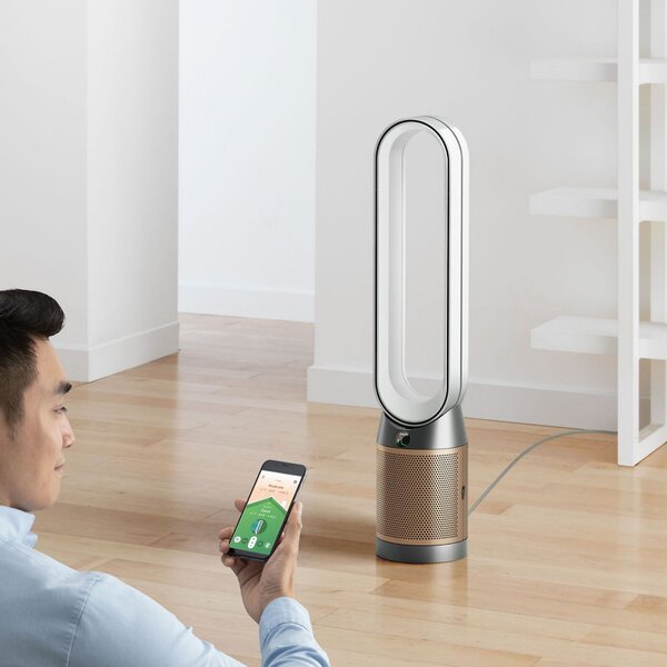 Пречиствател на въздух 3в1 Dyson Cool Formaldehyde™ TP09, Отоплител, Охладител, 40W, До 40 м2, 10 скорости, Осцилация, HEPA, Wi-Fi, LCD, Гласово управление, Бял/златист