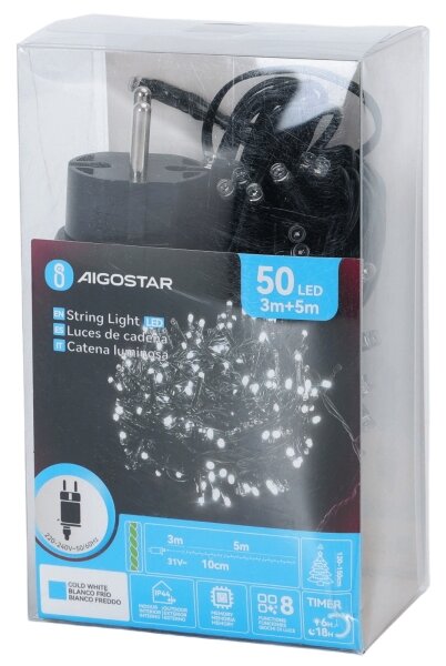 Aigostar - Външна LED коледна гирлянда 50xLED/8 функции 8m IP44 студено бяла