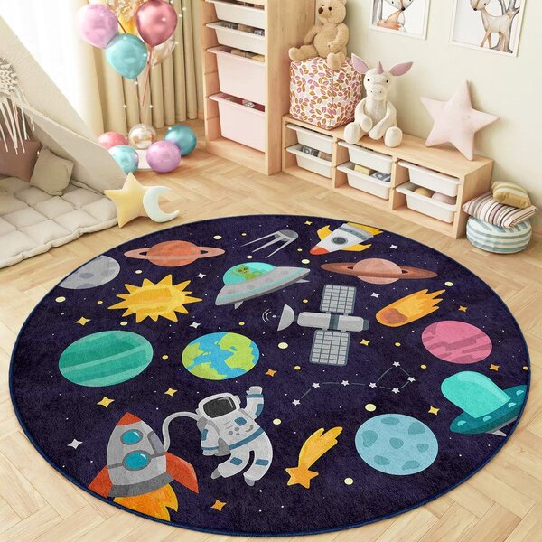 Тъмносиньо детско килимче за игра подходящо за пране ø100 cm Into The Space – Mila Home