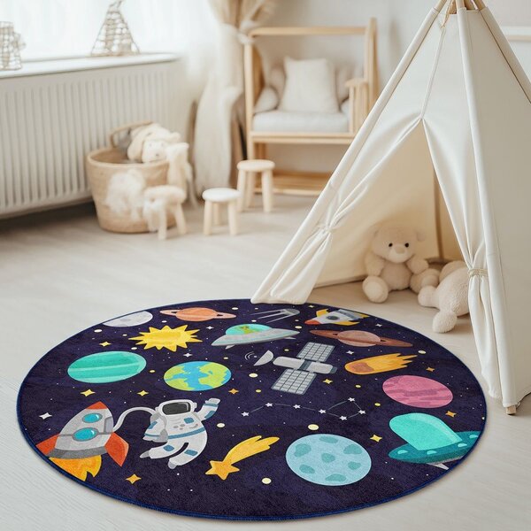 Тъмносиньо детско килимче за игра подходящо за пране ø100 cm Into The Space – Mila Home