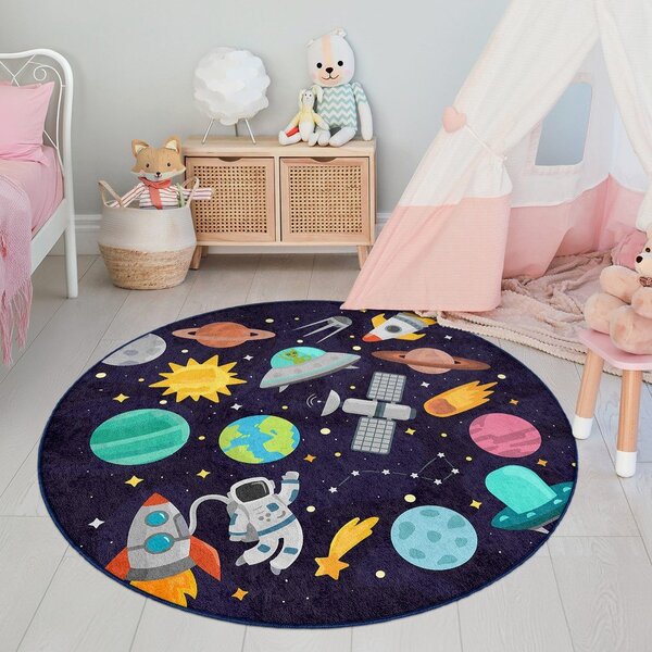 Тъмносиньо детско килимче за игра подходящо за пране ø100 cm Into The Space – Mila Home