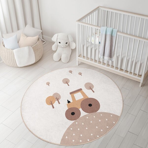 Бежов детски килим подходящ за пране ø100 cm Tractor World – Mila Home