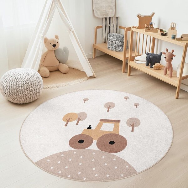 Бежов детски килим подходящ за пране ø100 cm Tractor World – Mila Home