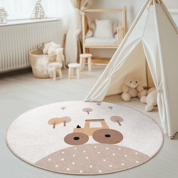 Бежов детски килим подходящ за пране ø100 cm Tractor World – Mila Home