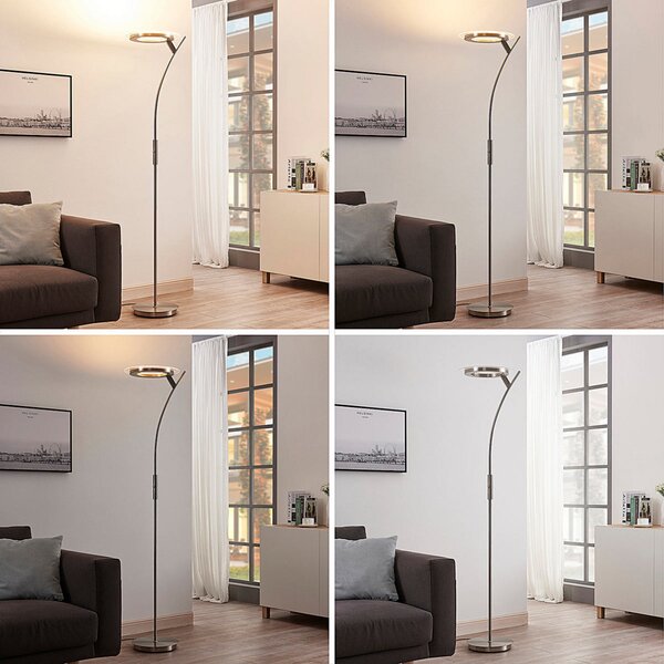 Lindby LED подова лампа Darion, сива, метална, с възможност за димиране, 180cm, Затъмняване, Сив, Дневна/трапезария, Метал, Модерен