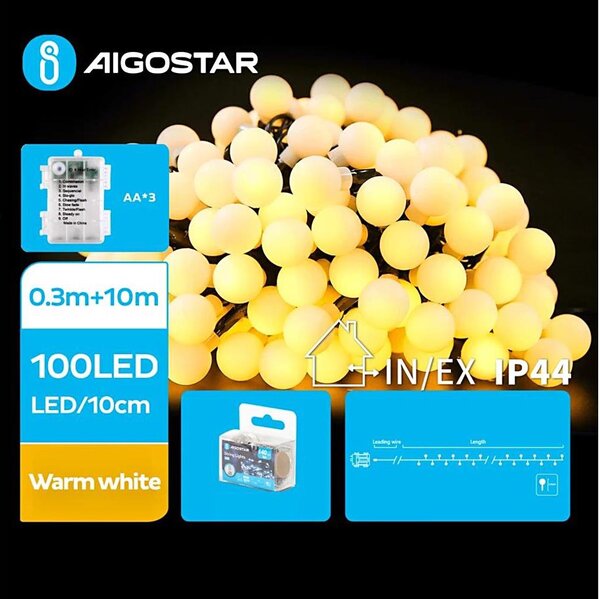 Aigostar - външна LED гирлянда 100xLED/3xAA/8 функции 10,3 m IP44 топло бяло