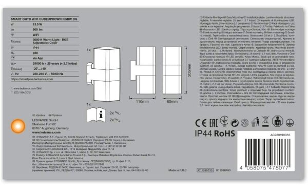 Ledvance - LED RGBW Екстериорен аплик SMART+ CUBE LED/13,5W/230V IP44 Wi-Fi