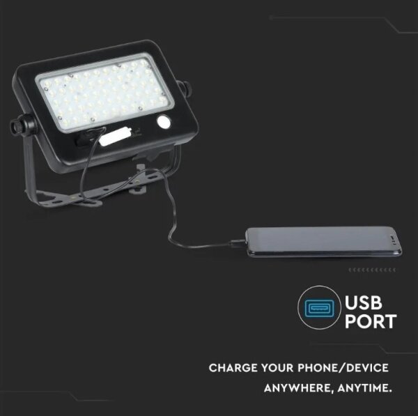 LED соларен прожектор с димер, сензор, 10W, 4000K, IP65, USB порт