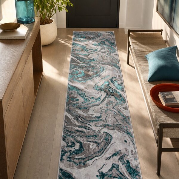 Сива/тюркоазена пътека 60x230 cm Marbled – Flair Rugs