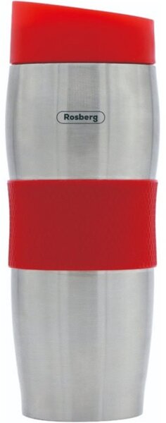 Термочаша Rosberg R52011C, 0.38л, двойни стени, ергономична, вакуумна изолация, силиконова обвивка, неръждаема стомана, червена