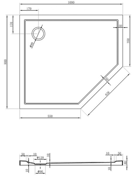Mexen Flow петдесетостенен тънък ляв душ корито 100 x 80 cm, черен мат - 46P708010L