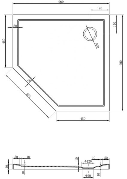 Mexen Flow петостенен плосък душ корито 90 x 90 см, черен мат - 46P709090