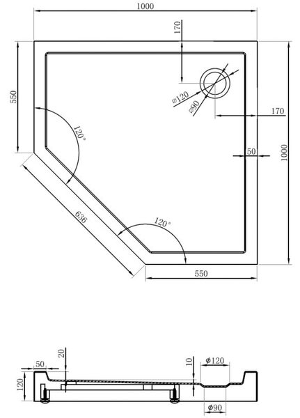 Mexen Flow+ петвуголен поддушово корито 100 x 100 см, бял гланц - 46P101010H