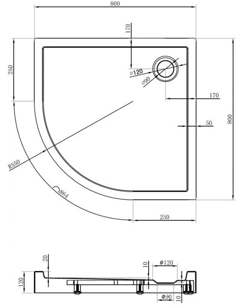 Mexen Flow+ полукръгъл поддушов съд 80 x 80 см, черен мат - 46Q708080H