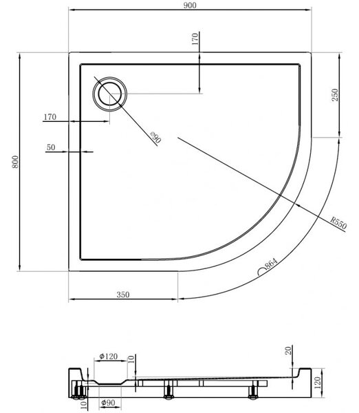 Mexen Flow+ асиметричен полукръгъл ляв душ поддон 90 x 80 cm, бял гланц - 46Q108090LH
