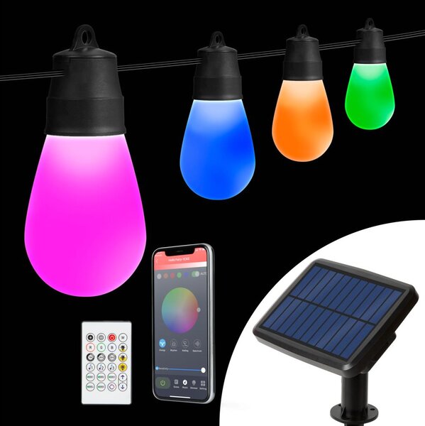 LED RGBIC соларен гирлянд 15xLED/1,3W/3,7V 2200 mAh 8 m IP65 черен + дистанционно