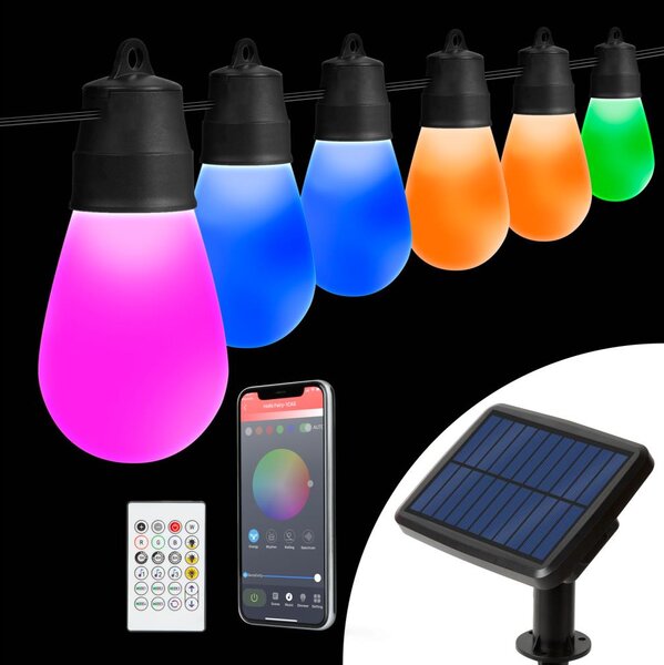 LED RGBIC соларна гирлянда 30xLED/1,3W/3,7V 2200 mAh 14,37 m IP65 черна + дистанционно управление