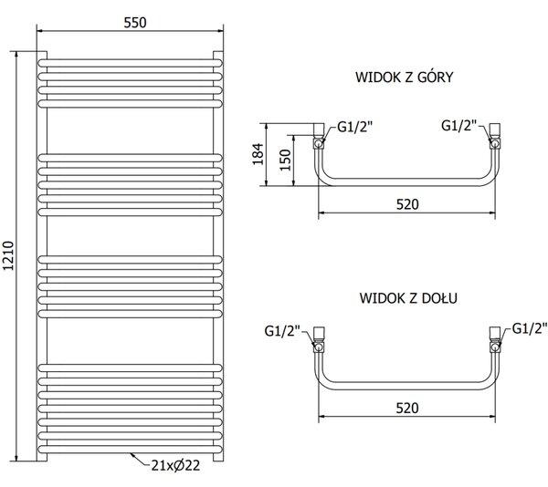 Mexen Apollo радиатор за баня 1210 x 550 мм, 641 W, черен - W117-1210-550-00-70