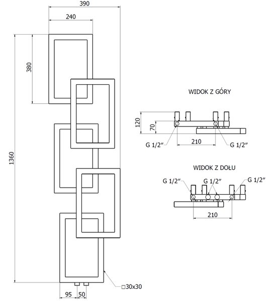 Mexen Grid декоративен отоплителен радиатор за баня 1360 x 390 мм, 349 W, черен - W215-1360-390-00-70