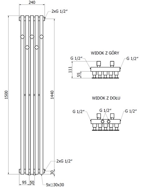 Mexen Flux декоративен радиатор за баня 1500 x 240 мм, 450 W, черен - W127-1500-240-00-70