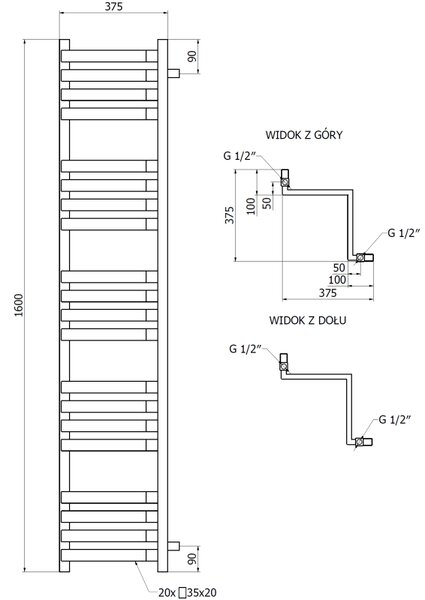 Mexen Loop ъглов радиатор за баня 1600 x 375 мм, 837 W, черен - W129-1600-350-00-70