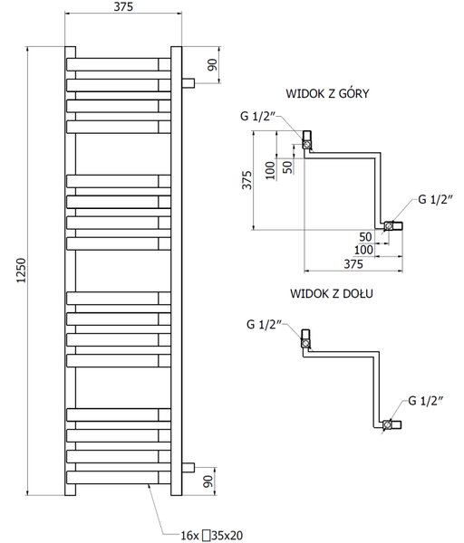 Mexen Loop ъглов радиатор за баня 1250 x 375 мм, 666 W, черен - W129-1250-350-00-70