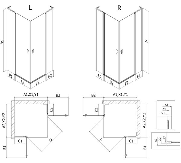 Mexen Mist L Duo разтворяема душ кабина 120 x 120 cm, черна мрежа, черна - 8A4L-120L-120P-70-77