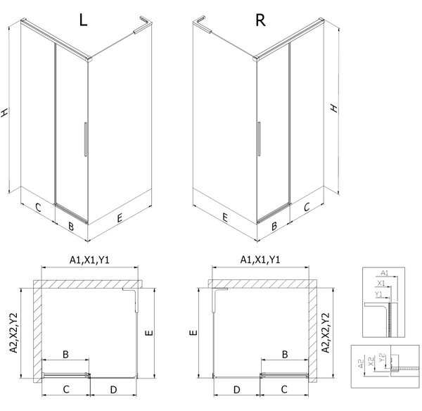 Mexen Rox L плъзгаща се душ кабина, дясна, 90 x 75 см, черна решетка, черна - 8C2L-090-075-70-77-P