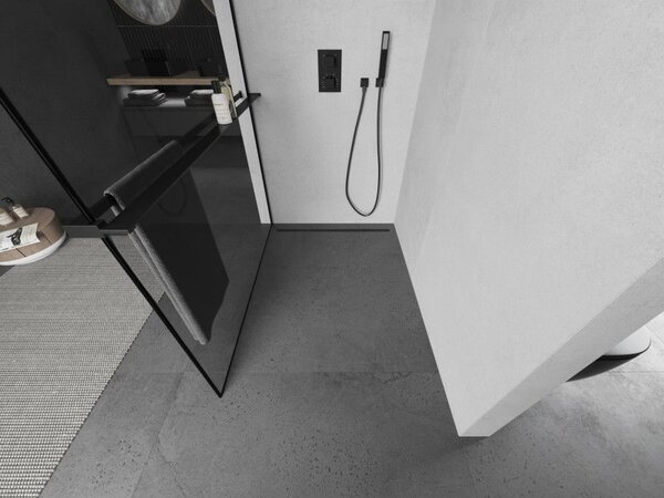Mexen Kioto+ L душекран със стена с рафт Walk-in 90 x 200 см, черна рамка, черна - 800-090-123-70-70