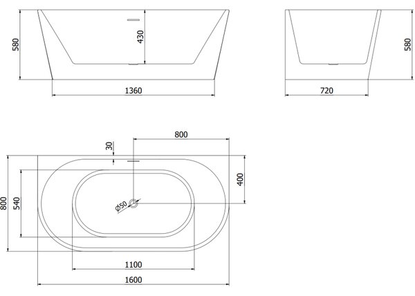 Mexen Oval самостоятелна вана за монтаж до стена 160 x 80 см, бяла/черна