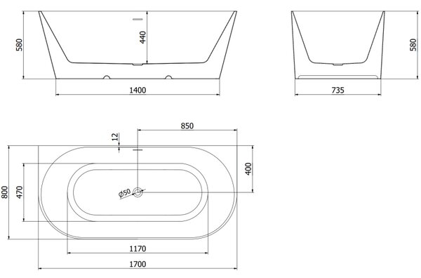 Mexen Oval Slim свободностояща стена вана 170 х 80 см, бяла, черен преливник - 52661708000-70