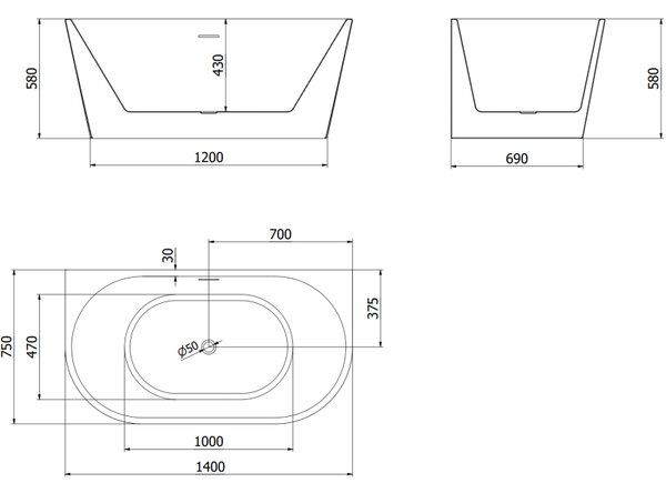 Mexen Oval свободностояща вана до стената 140 x 75 см, бяла, преливник