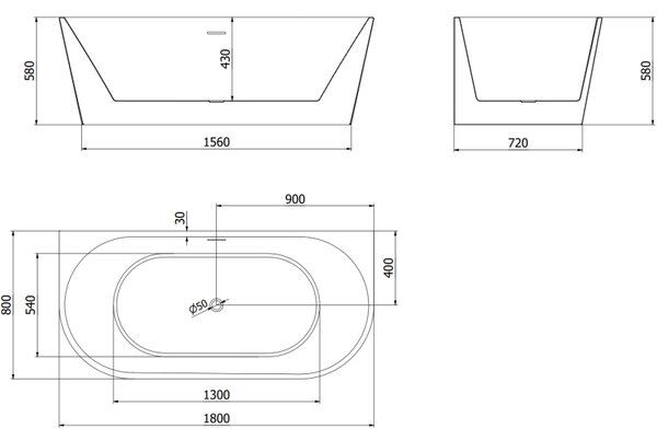 Mexen Oval свободностояща вана край стена 180 x 80 см, бяла, преливане черно