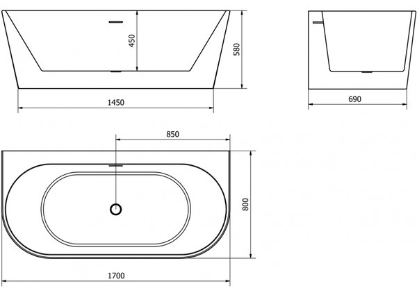 Mexen Oval+ свободно стояща вана до стена 170 x 80 см, бяла, преливник бял - 52681708000-20