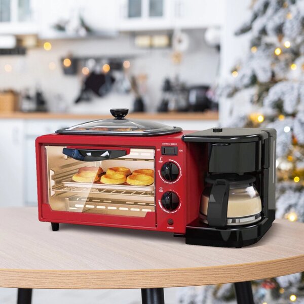Комбиниран уред за закуска 3в1 NostroLux NL51441G, 1050W, 9 л, Грил, Приготвяне на кафе, Таймер, Циркулация на въздуха, Червен/черен