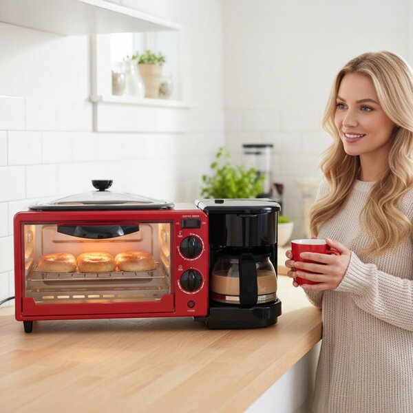 Комбиниран уред за закуска 3в1 NostroLux NL51441G, 1050W, 9 л, Грил, Приготвяне на кафе, Таймер, Циркулация на въздуха, Червен/черен