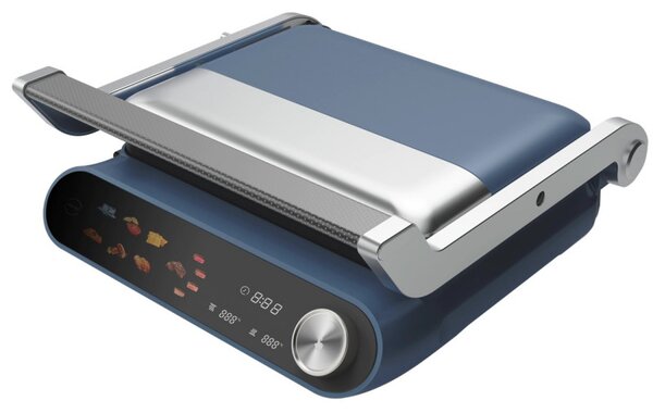 Контакт грил Nostro Lux NL51442P, 2200W, Сензорен дисплей, Незалепващи, подвижни плочи, Отваряне на 180°, Син