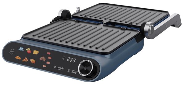 Контакт грил Nostro Lux NL51442P, 2200W, Сензорен дисплей, Незалепващи, подвижни плочи, Отваряне на 180°, Син