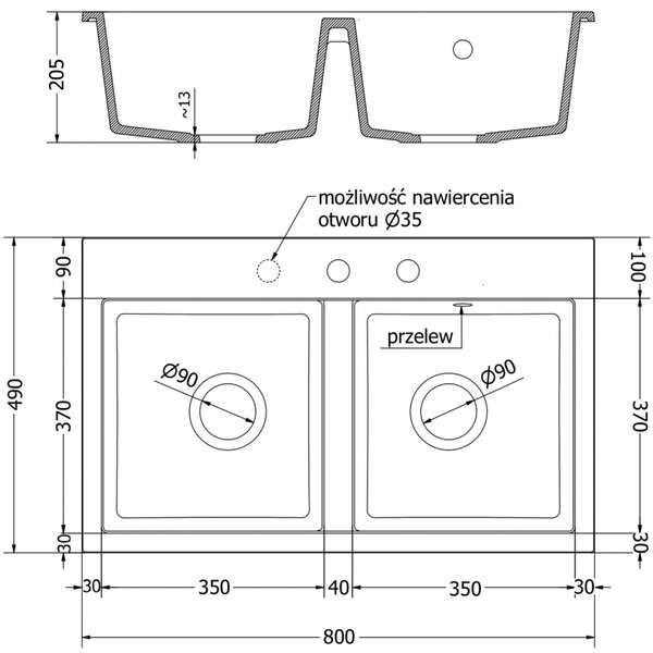 Mexen Hektor гранитна мивка с 2 камери 800 x 480 mm, черна на пръски, хромиран сифон - 6521802000-76