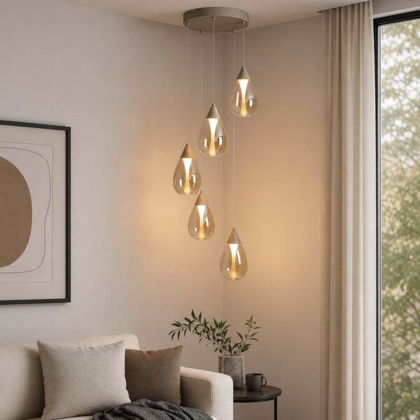 Searchlight LED висяща лампа „Pear“, 5-лампова, кръгла, бежова, стъкло в цвят кехлибар, 3, Затъмняване, Бежов, Дневна/трапезария, Стъкло, Модерен
