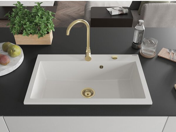 Mexen Elix гранитна мивка със само една камера 800 x 500 mm, бяла, златен сифон
