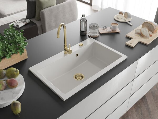 Mexen Elix гранитна мивка със само една камера 800 x 500 mm, бяла, златен сифон