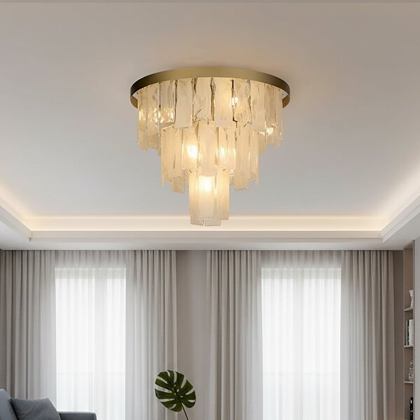 Searchlight Таванна лампа Formalux, златист цвят, стъкло, с 6 лампи, E14, Затъмняване, Злато / месинг, Дневна/трапезария, Стъкло